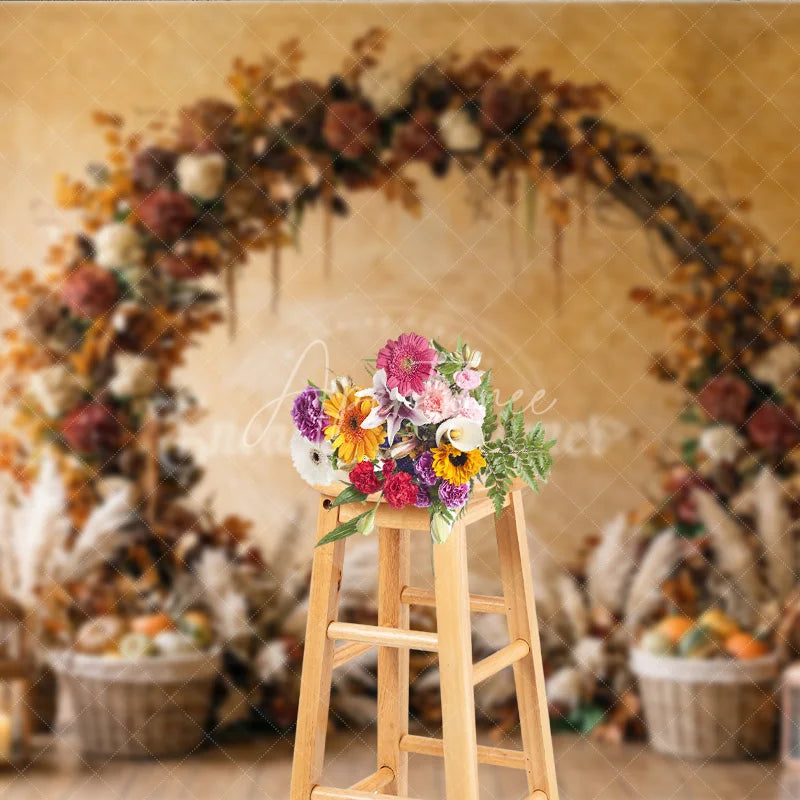 Aperturee - Aperturee Rustic Autumn Foliage Arch Photography Backdrop with Pampas Grass Pumpkins and Lanterns for Fall Decor