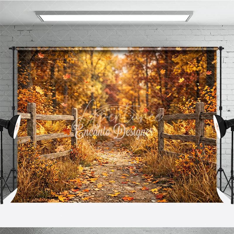 Aperturee - Aperturee Rustic Autumn Forest Path Photography Backdrop with Wooden Fence and Falling Leaves for Fall Photoshoots
