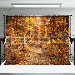 Aperturee - Aperturee Rustic Autumn Forest Path Photography Backdrop with Wooden Fence and Falling Leaves for Fall Photoshoots