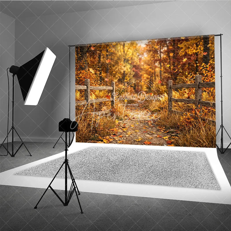 Aperturee - Aperturee Rustic Autumn Forest Path Photography Backdrop with Wooden Fence and Falling Leaves for Fall Photoshoots