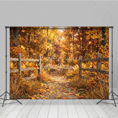 Aperturee - Aperturee Rustic Autumn Forest Path Photography Backdrop with Wooden Fence and Falling Leaves for Fall Photoshoots