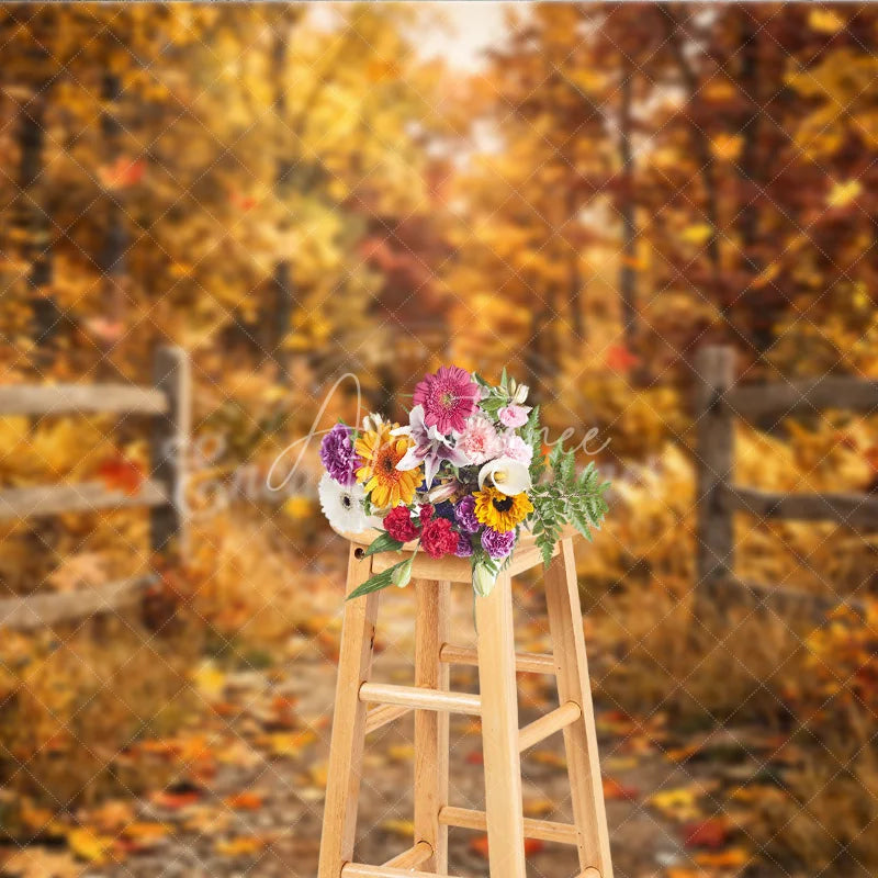 Aperturee - Aperturee Rustic Autumn Forest Path Photography Backdrop with Wooden Fence and Falling Leaves for Fall Photoshoots