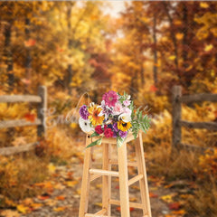 Aperturee - Aperturee Rustic Autumn Forest Path Photography Backdrop with Wooden Fence and Falling Leaves for Fall Photoshoots