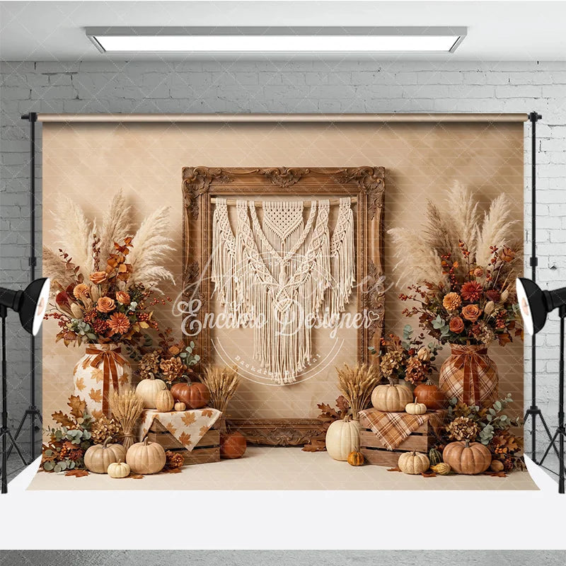 Aperturee - Aperturee Rustic Autumn Harvest Photography Backdrop with Macrame Wall Art Pumpkins and Pampas Grass Decor