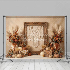 Aperturee - Aperturee Rustic Autumn Harvest Photography Backdrop with Macrame Wall Art Pumpkins and Pampas Grass Decor