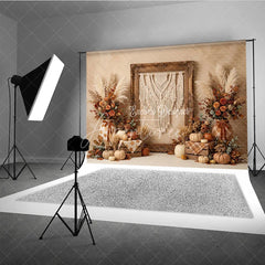 Aperturee - Aperturee Rustic Autumn Harvest Photography Backdrop with Macrame Wall Art Pumpkins and Pampas Grass Decor