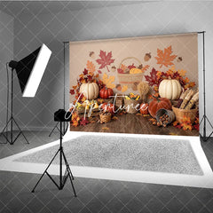 Aperturee - Aperturee Rustic Autumn Harvest Photography Backdrop with Pumpkins and Fall Leaves perfect for Thanksgiving Decor