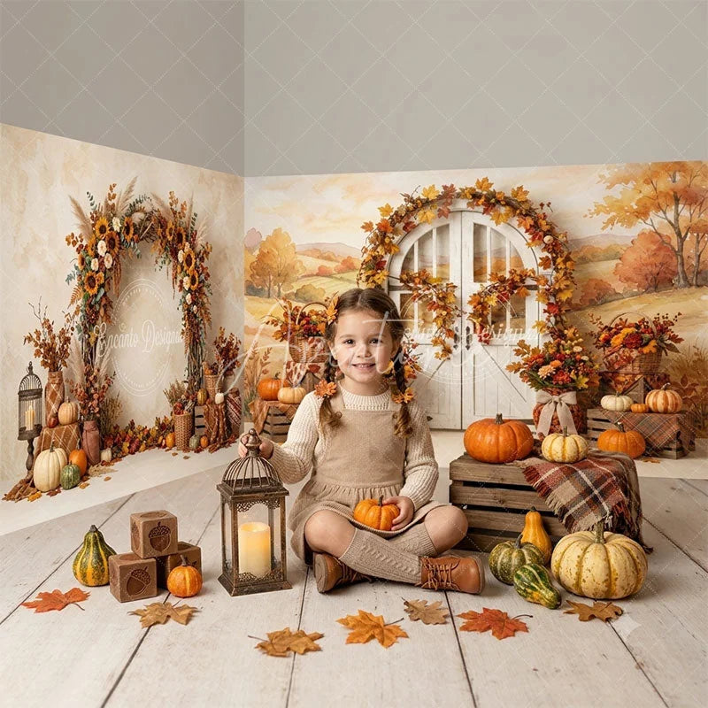 Aperturee - Aperturee Rustic Autumn Harvest Room Set Backdrop with Pumpkins Sunflowers and an Arched Door for Fall Photography