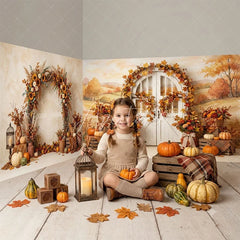 Aperturee - Aperturee Rustic Autumn Harvest Room Set Backdrop with Pumpkins Sunflowers and an Arched Door for Fall Photography
