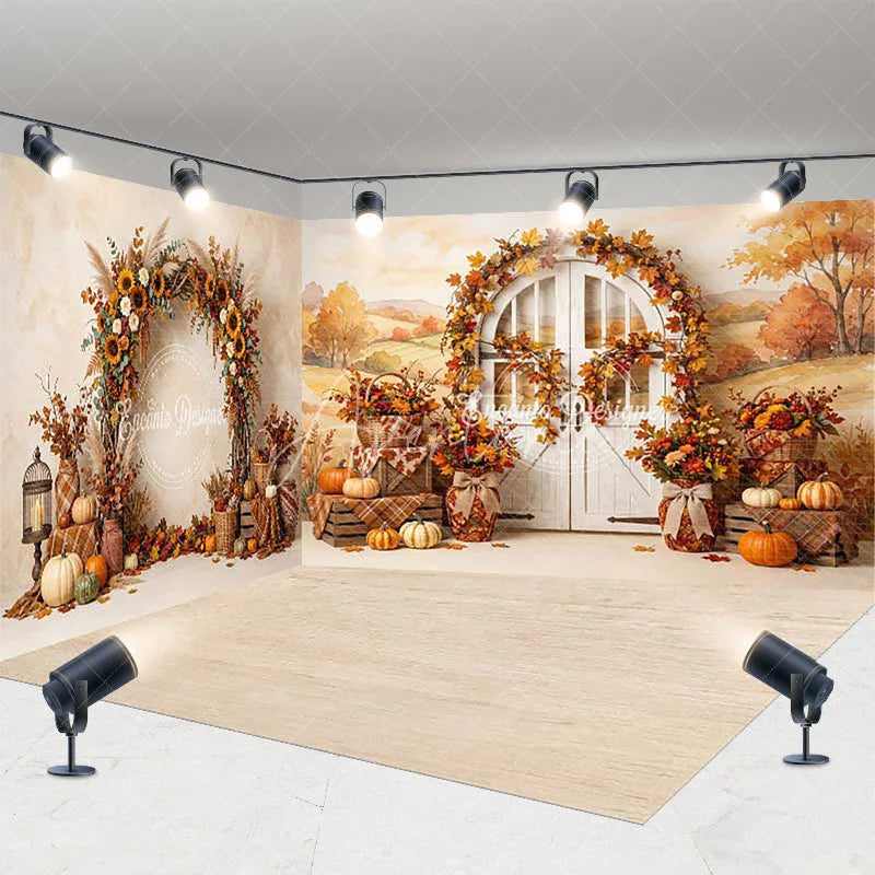 Aperturee - Aperturee Rustic Autumn Harvest Room Set Backdrop with Pumpkins Sunflowers and an Arched Door for Fall Photography