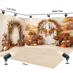 Aperturee - Aperturee Rustic Autumn Harvest Room Set Backdrop with Pumpkins Sunflowers and an Arched Door for Fall Photography
