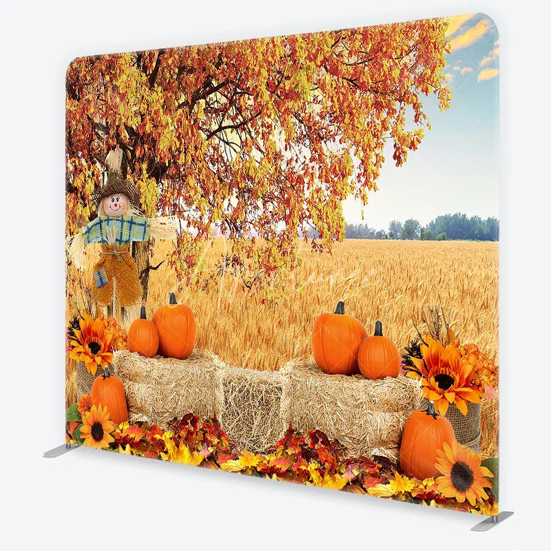 Aperturee - Aperturee Rustic Autumn Harvest Square Double-Sided Backdrop with Scarecrow Pumpkins and Golden Wheat Field for Fall Decor