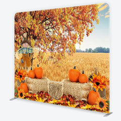 Aperturee - Aperturee Rustic Autumn Harvest Square Double-Sided Backdrop with Scarecrow Pumpkins and Golden Wheat Field for Fall Decor