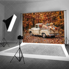 Aperturee - Aperturee Rustic Autumn Harvest Vintage Truck Photography Backdrop with Pumpkins Fall Leaves and String Lights