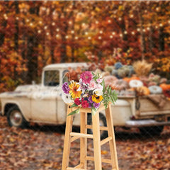 Aperturee - Aperturee Rustic Autumn Harvest Vintage Truck Photography Backdrop with Pumpkins Fall Leaves and String Lights