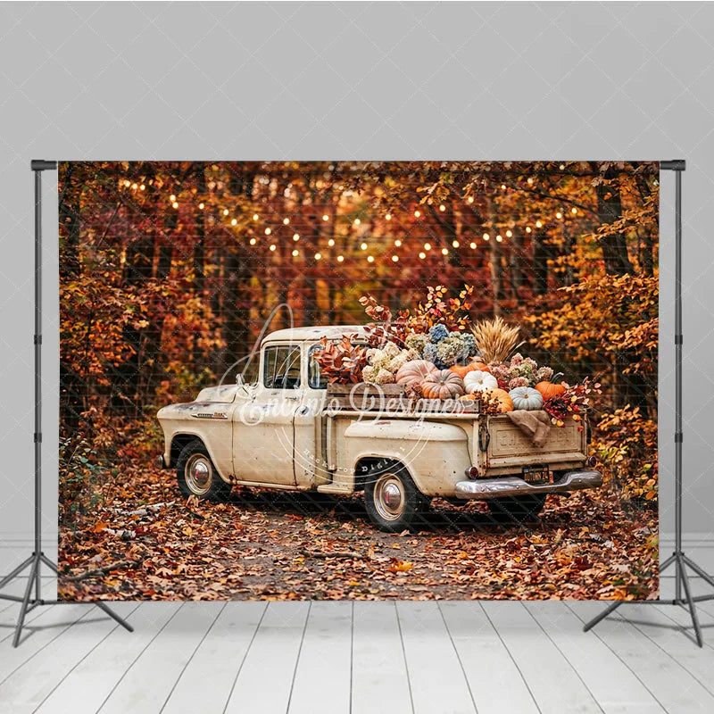 Aperturee - Aperturee Rustic Autumn Harvest Vintage Truck Photography Backdrop with Pumpkins Fall Leaves and String Lights