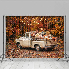Aperturee - Aperturee Rustic Autumn Harvest Vintage Truck Photography Backdrop with Pumpkins Fall Leaves and String Lights