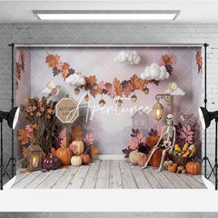 Aperturee - Aperturee Rustic Autumn Lane Photography Backdrop with Pumpkins Skeleton and Fall Leaves Ideal for Halloween Party Decor