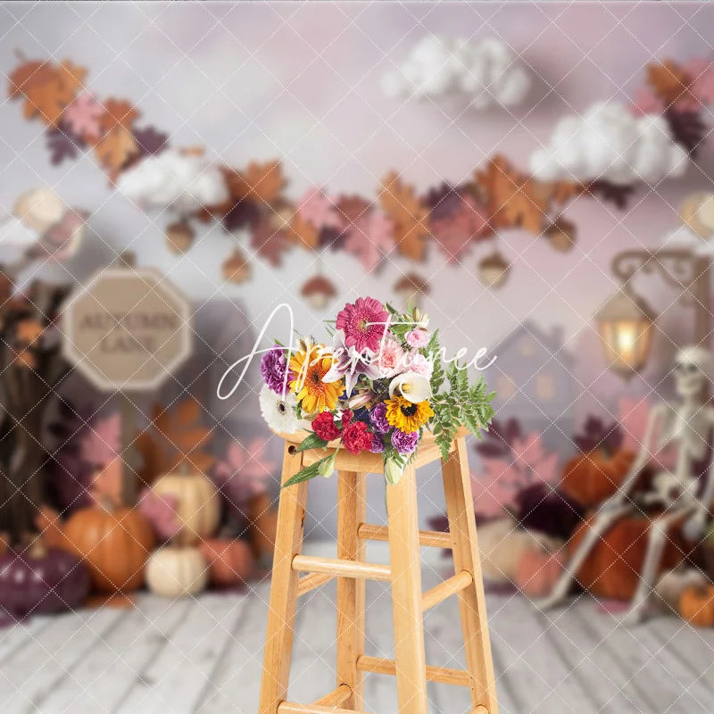 Aperturee - Aperturee Rustic Autumn Lane Photography Backdrop with Pumpkins Skeleton and Fall Leaves Ideal for Halloween Party Decor