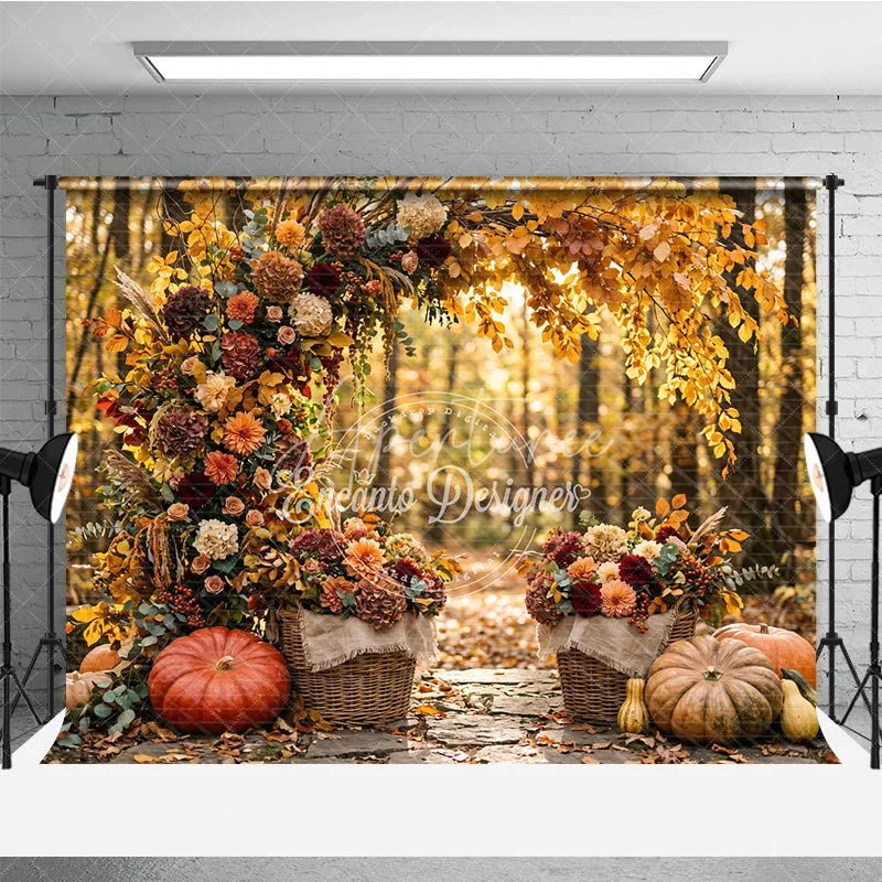Aperturee - Aperturee Rustic Autumn Leaves and Floral Arch Photography Backdrop with Pumpkins and Baskets Fall Harvest Decor