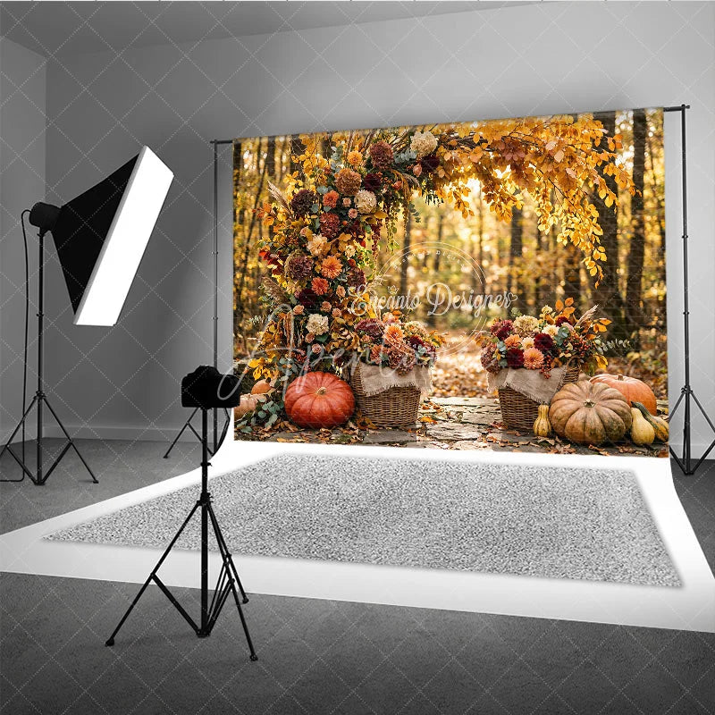 Aperturee - Aperturee Rustic Autumn Leaves and Floral Arch Photography Backdrop with Pumpkins and Baskets Fall Harvest Decor