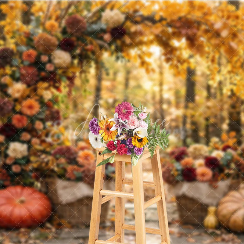 Aperturee - Aperturee Rustic Autumn Leaves and Floral Arch Photography Backdrop with Pumpkins and Baskets Fall Harvest Decor