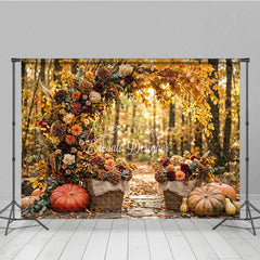 Aperturee - Aperturee Rustic Autumn Leaves and Floral Arch Photography Backdrop with Pumpkins and Baskets Fall Harvest Decor