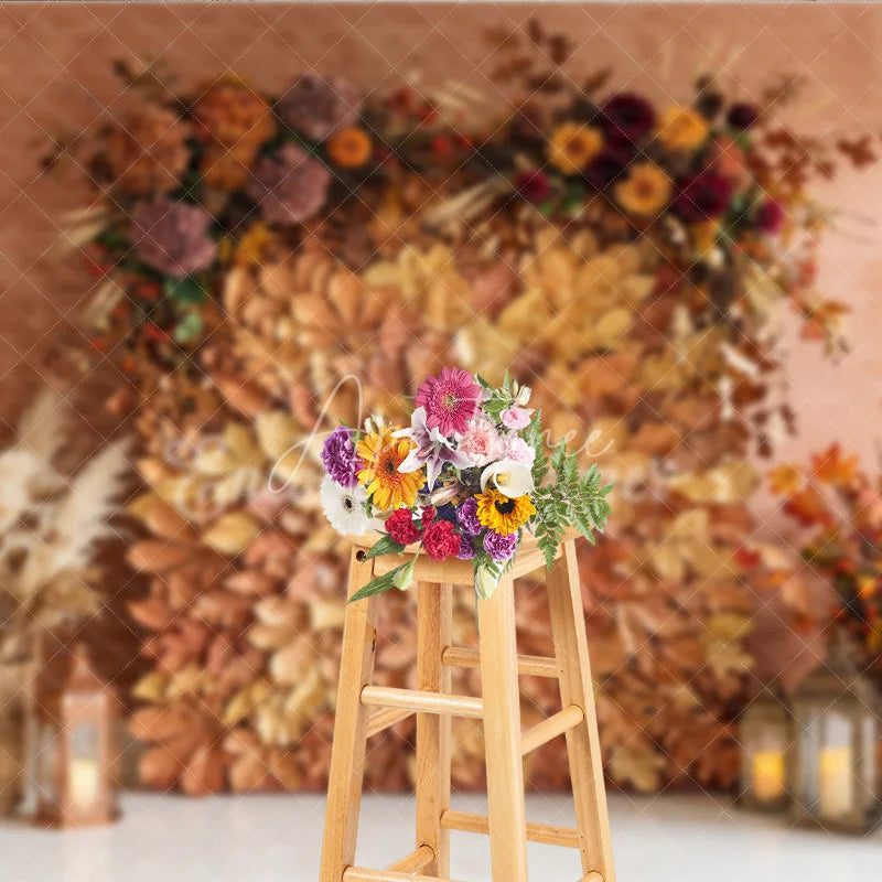 Aperturee - Aperturee Rustic Autumn Leaves and Floral Arrangement Photography Backdrop Warm Fall Harvest Party Decor with Pampas Grass