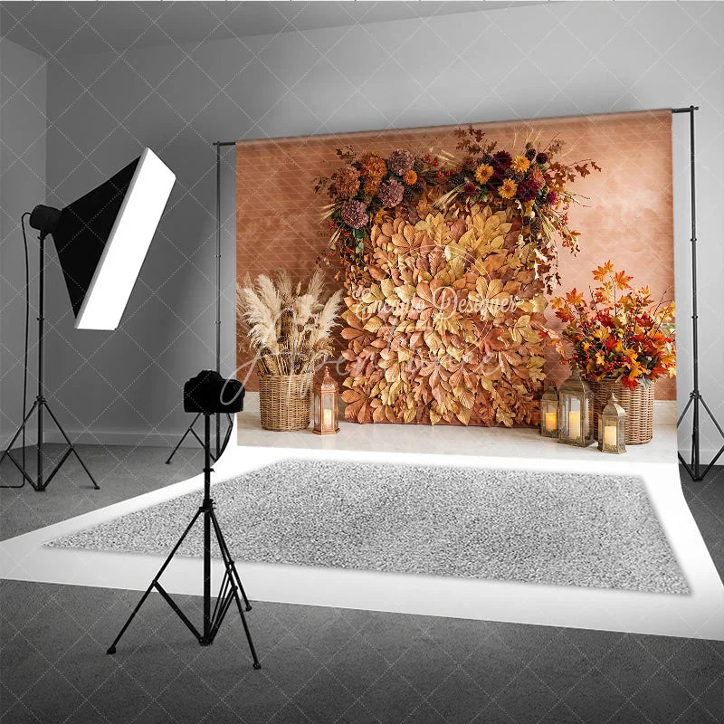 Aperturee - Aperturee Rustic Autumn Leaves and Floral Arrangement Photography Backdrop Warm Fall Harvest Party Decor with Pampas Grass