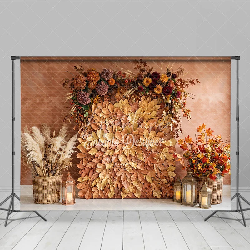 Aperturee - Aperturee Rustic Autumn Leaves and Floral Arrangement Photography Backdrop Warm Fall Harvest Party Decor with Pampas Grass