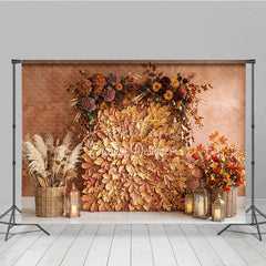 Aperturee - Aperturee Rustic Autumn Leaves and Floral Arrangement Photography Backdrop Warm Fall Harvest Party Decor with Pampas Grass