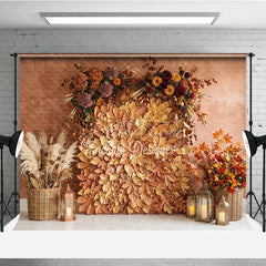 Aperturee - Aperturee Rustic Autumn Leaves and Floral Arrangement Photography Backdrop Warm Fall Harvest Party Decor with Pampas Grass