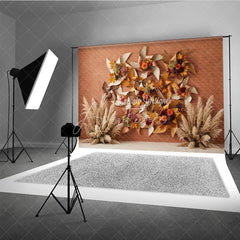 Aperturee - Aperturee Rustic Autumn Leaves and Pampas Grass Photography Backdrop Fall Pinwheel Harvest Celebration Decor