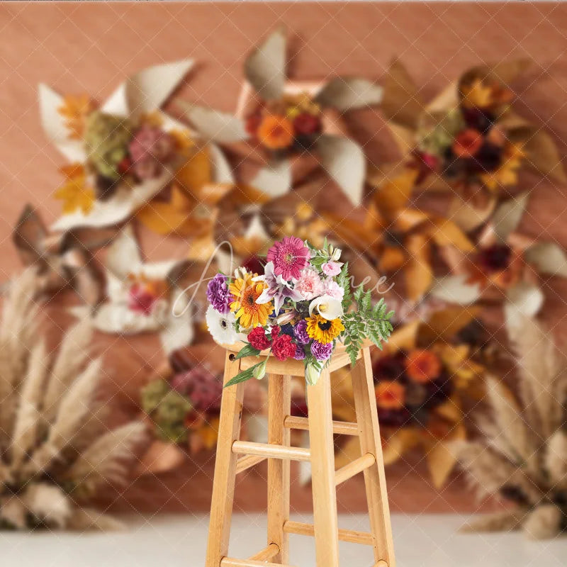 Aperturee - Aperturee Rustic Autumn Leaves and Pampas Grass Photography Backdrop Fall Pinwheel Harvest Celebration Decor