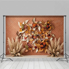 Aperturee - Aperturee Rustic Autumn Leaves and Pampas Grass Photography Backdrop Fall Pinwheel Harvest Celebration Decor