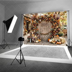 Aperturee - Aperturee Rustic Autumn Leaves and Pumpkins Photography Backdrop Fall Finds and Autumn Vibes Wood Wall Decor