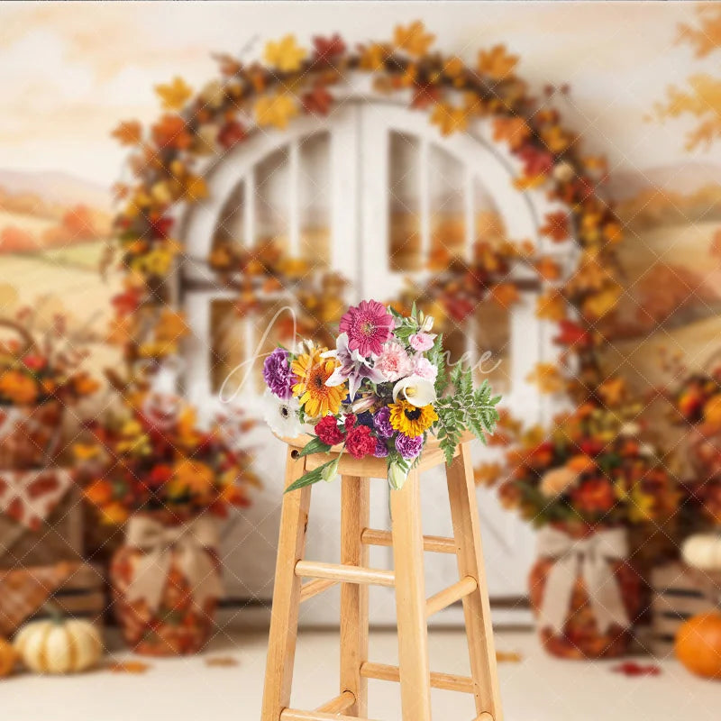 Aperturee - Aperturee Rustic Autumn Photography Backdrop with Fall Leaves Pumpkins and a White Arched Door for Seasonal Decor