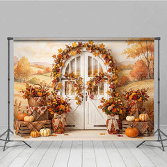 Aperturee - Aperturee Rustic Autumn Photography Backdrop with Fall Leaves Pumpkins and a White Arched Door for Seasonal Decor