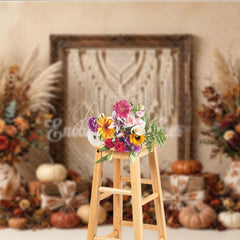 Aperturee - Aperturee Rustic Autumn Photography Backdrop with Macrame Wall Hanging Fall Floral Arrangements and Pumpkins