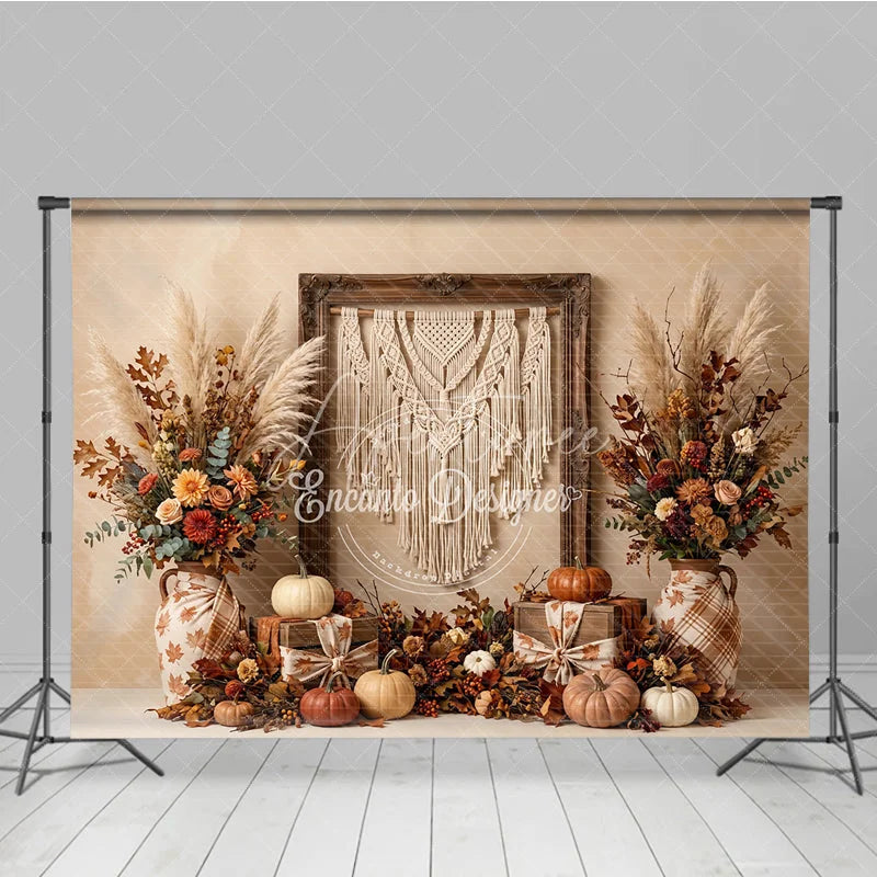 Aperturee - Aperturee Rustic Autumn Photography Backdrop with Macrame Wall Hanging Fall Floral Arrangements and Pumpkins
