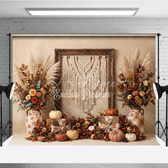 Aperturee - Aperturee Rustic Autumn Photography Backdrop with Macrame Wall Hanging Fall Floral Arrangements and Pumpkins
