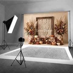 Aperturee - Aperturee Rustic Autumn Photography Backdrop with Macrame Wall Hanging Fall Floral Arrangements and Pumpkins