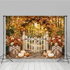 Aperturee - Aperturee Rustic Autumn Photography Backdrop with Maple Leaf Arch White Gate Pumpkins and Fall Floral Decor