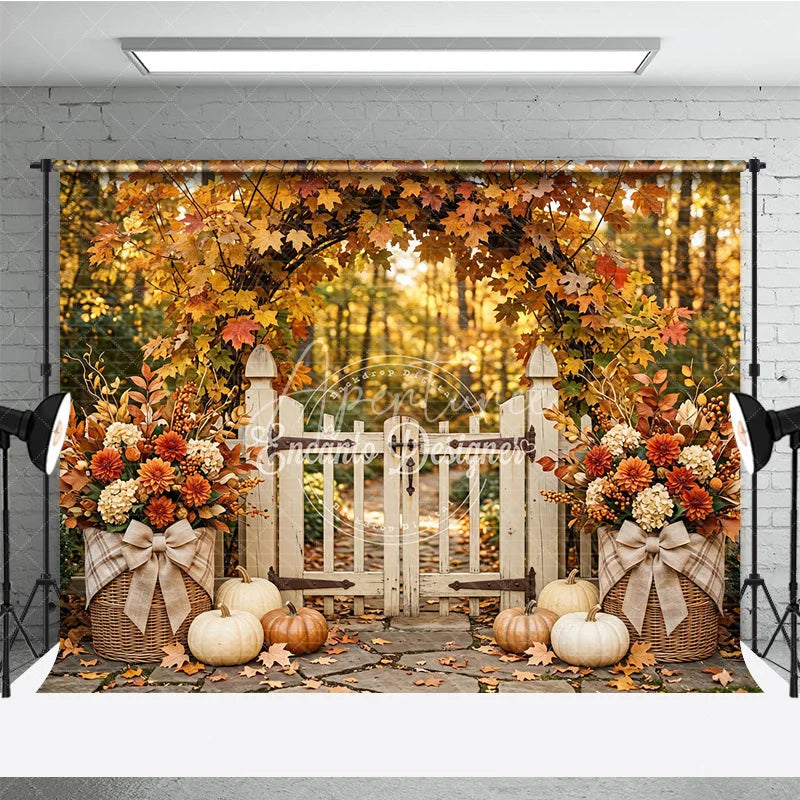 Aperturee - Aperturee Rustic Autumn Photography Backdrop with Maple Leaf Arch White Gate Pumpkins and Fall Floral Decor