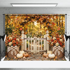 Aperturee - Aperturee Rustic Autumn Photography Backdrop with Maple Leaf Arch White Gate Pumpkins and Fall Floral Decor