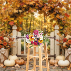Aperturee - Aperturee Rustic Autumn Photography Backdrop with Maple Leaf Arch White Gate Pumpkins and Fall Floral Decor