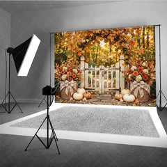 Aperturee - Aperturee Rustic Autumn Photography Backdrop with Maple Leaf Arch White Gate Pumpkins and Fall Floral Decor