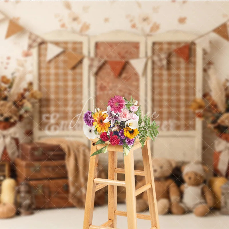 Aperturee - Aperturee Rustic Autumn Photography Backdrop with Plaid Screen Vintage Suitcases Pumpkins and Teddy Bears for Fall Portraits