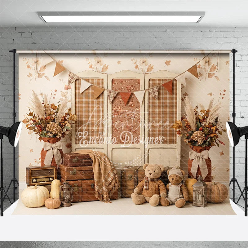 Aperturee - Aperturee Rustic Autumn Photography Backdrop with Plaid Screen Vintage Suitcases Pumpkins and Teddy Bears for Fall Portraits