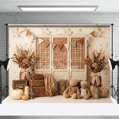 Aperturee - Aperturee Rustic Autumn Photography Backdrop with Plaid Screen Vintage Suitcases Pumpkins and Teddy Bears for Fall Portraits